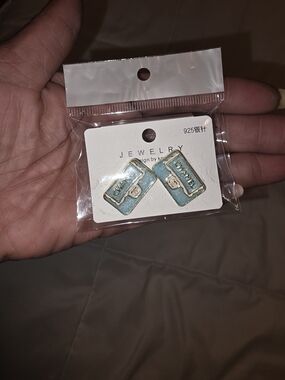 Gold-Tone Aqua Rectangle Earrings